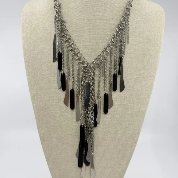 Silver Tone Black Bar Fringe Multi Strand Chain Necklace Gothic Statement Gift
