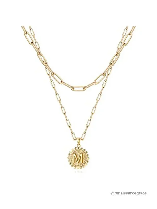 Layered Initial Necklace 14K Gold Plated Dainty Coin Pendant Choker