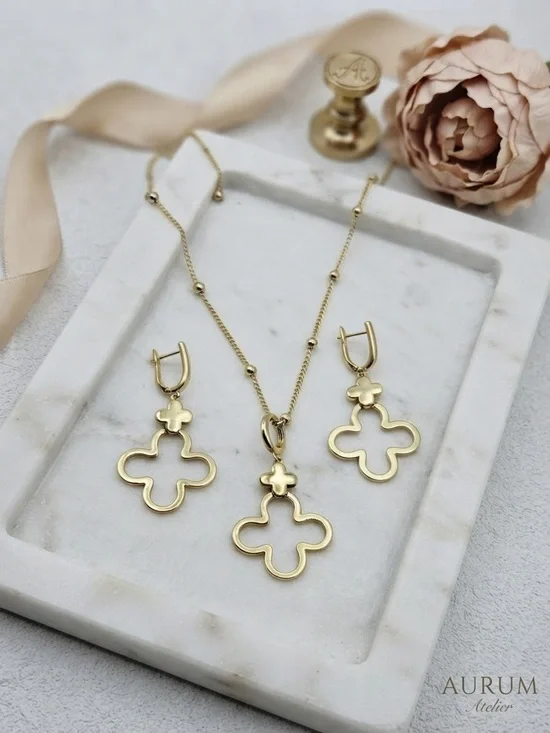 Gold Open Clover Necklace and Earring Set