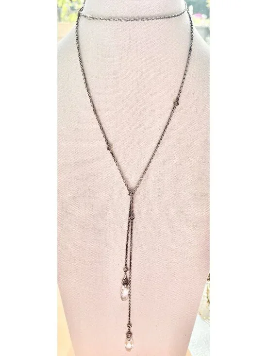 Lagos 750 & Sterling Silver Lariat Necklace With Clear Briolette Stones & Checke