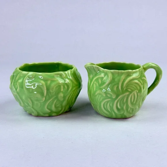 Vintage Sylvac England Green Ceramic Cream and Sugar‎ Set Embossed Leaf Design