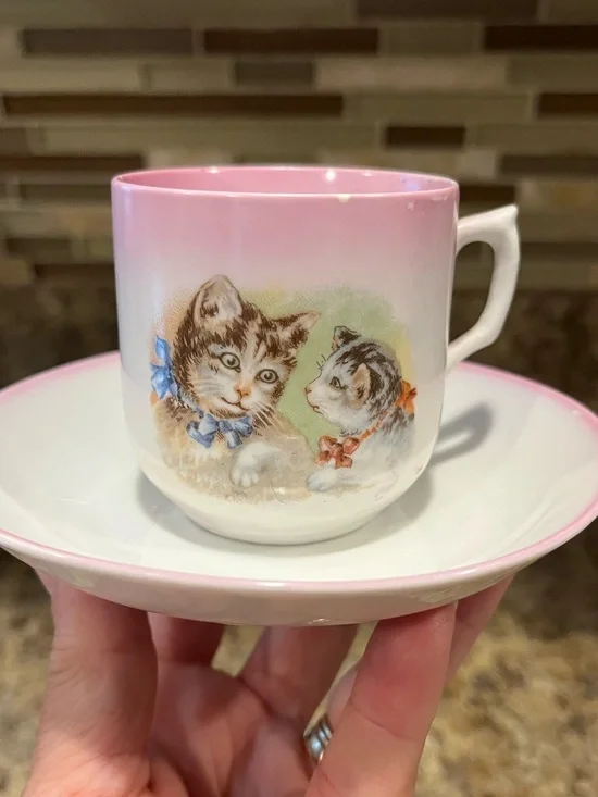 Vintage Pink Cat Demitasse Cup and Saucer Tabby Cats with Bows