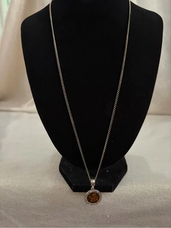 Sterling Silver Pendant Necklace with Amber Accent - Brown