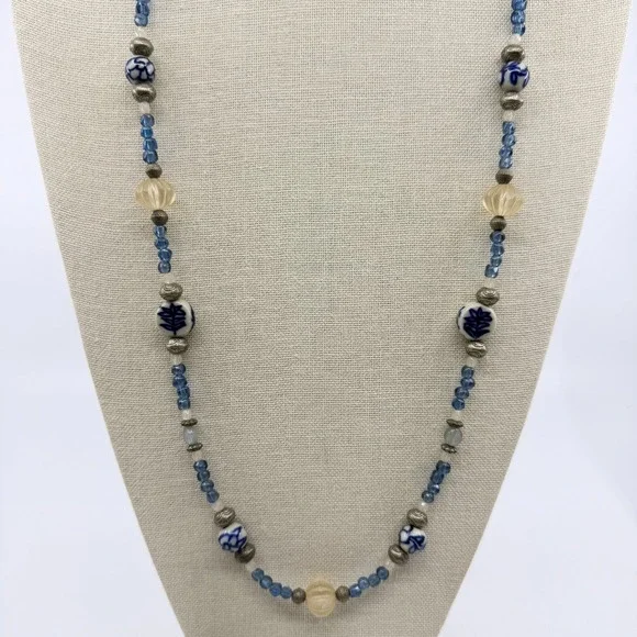 Blue White Porcelain Floral Bead Necklace Carved Acrylic Boho Statement Gift