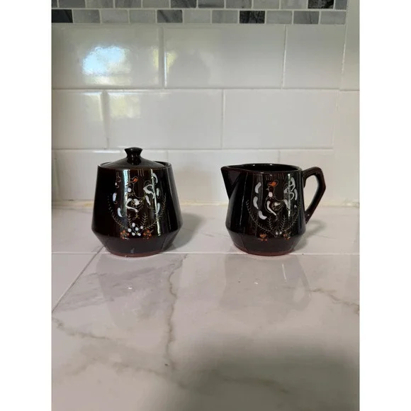 Vintage Brown Betty Red ware  Sugar Bowl and Creamer Set Mid Century Folk Art