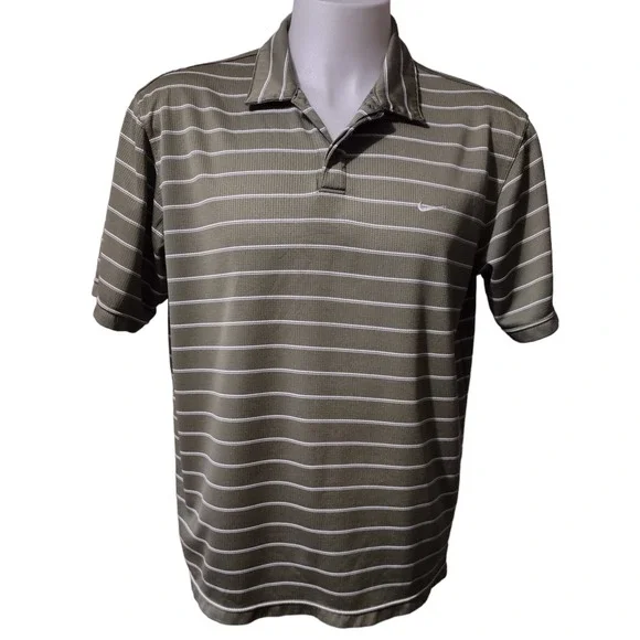 Nike Performance Polo Shirt Men's Large L Green Striped Collar Logo Short Sleeve