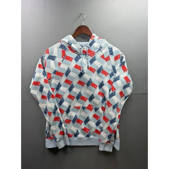 Nike Hoodie Mens Light Blue All Over Print Logo Pullover‎ Medium