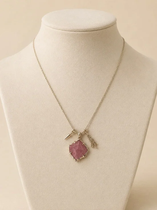 Gold-Tone Necklace with Pink Stone Pendant and Tassel