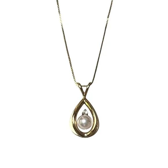 14KT Yellow Gold Pearl Diamond Teardrop Pendant Box‎ Chain Necklace Italy 2.7g
