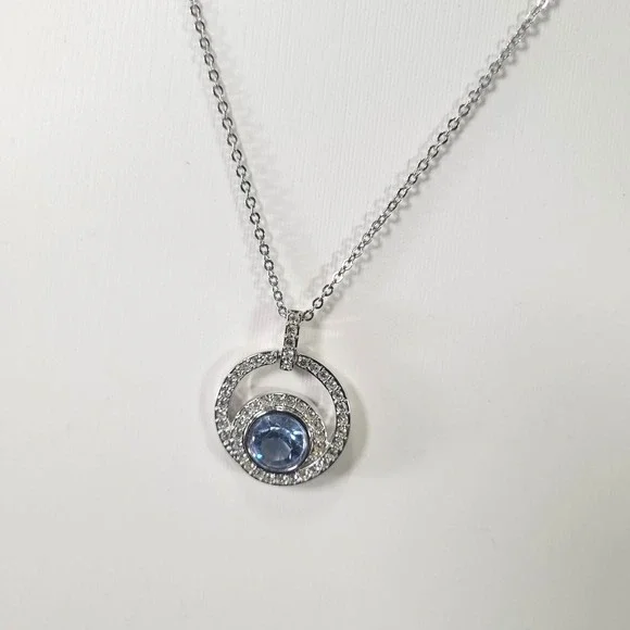 Swarovski Pendant Necklace Womens Blue Crystal Rhodium Plated Circle Pave