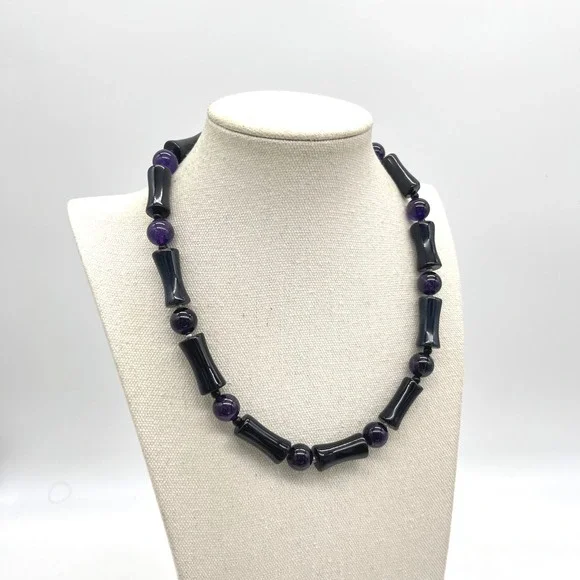 Vintage Black Onyx Amethyst Beaded Necklace Sterling Silver 925 Clasp 19 Inch