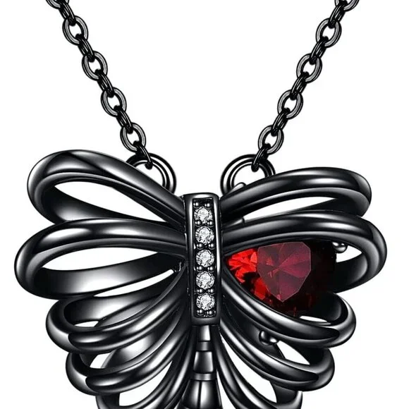 Sterling Silver Skull Necklace Gothic Rib Heart Pendant Gift for Women