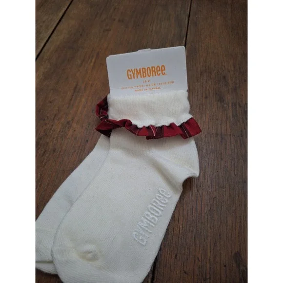 Gymboree Girls Ivory White Ankle Socks Red Plaid Ruffle Trim Gold Metallic 2T-3T