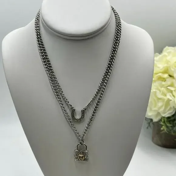 Juicy Couture Silver Tone Horseshoe‎ Pave Padlock Charm Double Strand Necklace