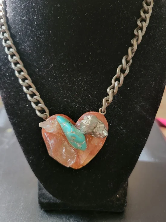 Hand Crafted Turquoise and Amber Heart Necklace