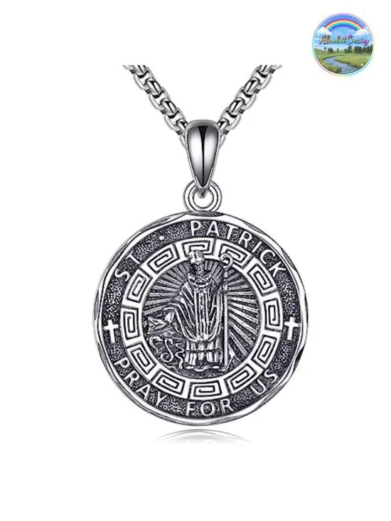 Sterling Silver Saint Patrick Pendant Necklace Men Women Religious