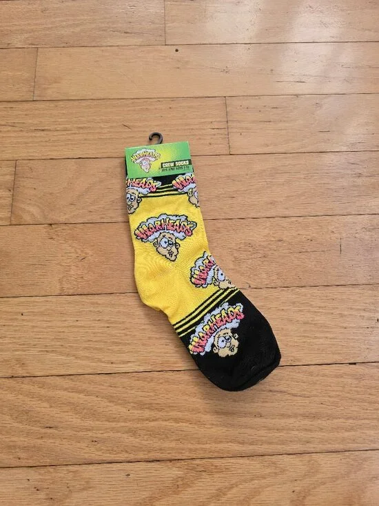 Warheads Sour Candy Yellow Black Graphic Novelty Crew Socks Kids Fits 7-10