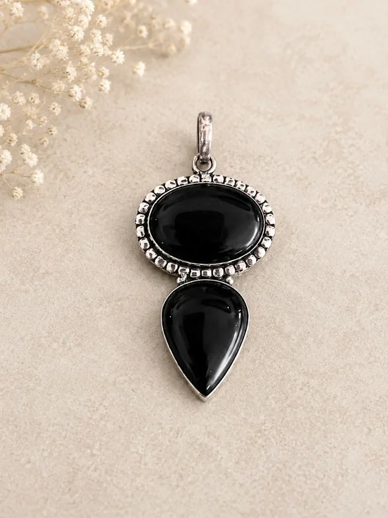 Double Natural Black Onyx Gemstone 2.5” 925 Silver Pendant