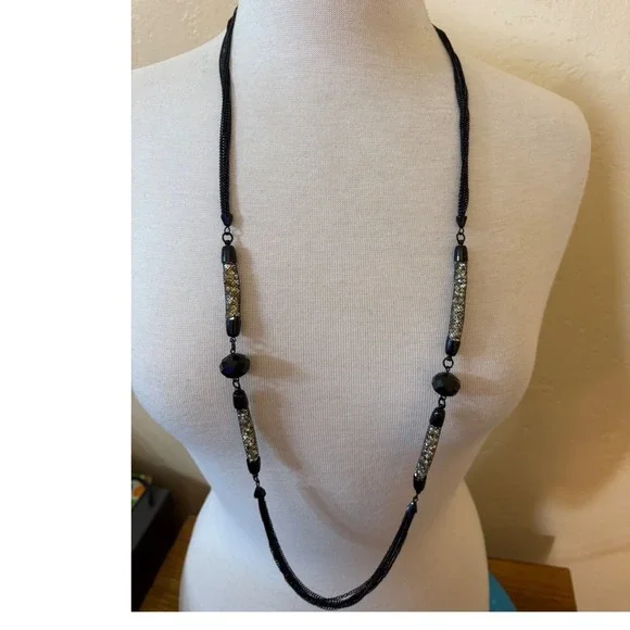 Black Multi Strand Mesh Crystal Tube Statement Necklace Long‎ Opera Length
