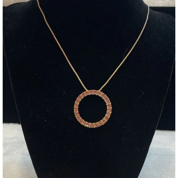 Fashion Jewelry Pink Rhinestone‎ Circle Pendent On 18” Chain