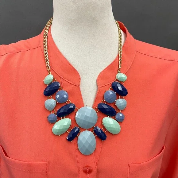 Charming Charlie‎ Blue Green Gold-tone Women's Fashion Bib Necklace NWOT