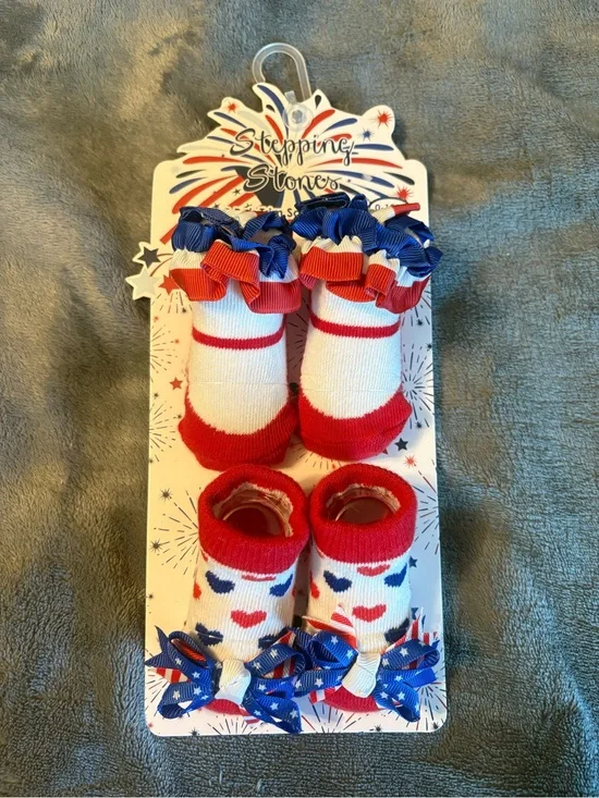 Stepping Stones Baby Girls Red, White & Blue 2 Pair Trim Sock Set Size 0-12M