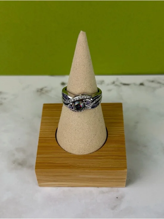 925 Sterling Silver Mystic Fire Topaz Amethyst Bypass Heart Ring – Size 8