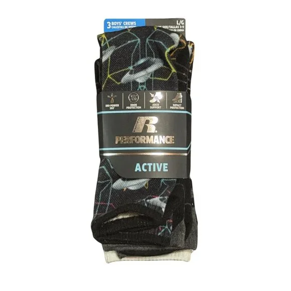 NWT Russell Boys 3-Pack Large Crew Socks‎ Shoe 3-9 Active Performance Dri-Power