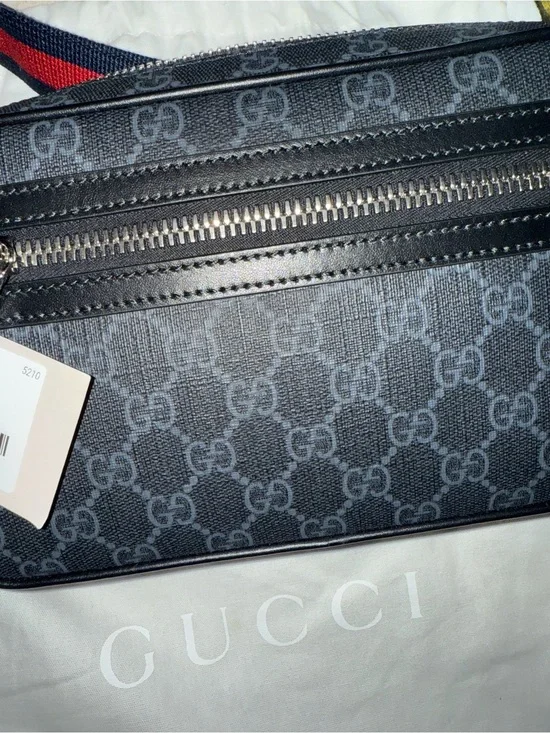 Gucci Black GG Supreme Belt Bag with Navy-Red Web Strap