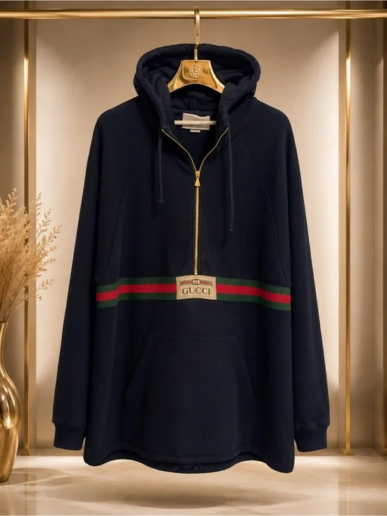 Gucci Men’s Web Stripe Half-Zip Hoodie Navy XXL / US 50 Made in Italy