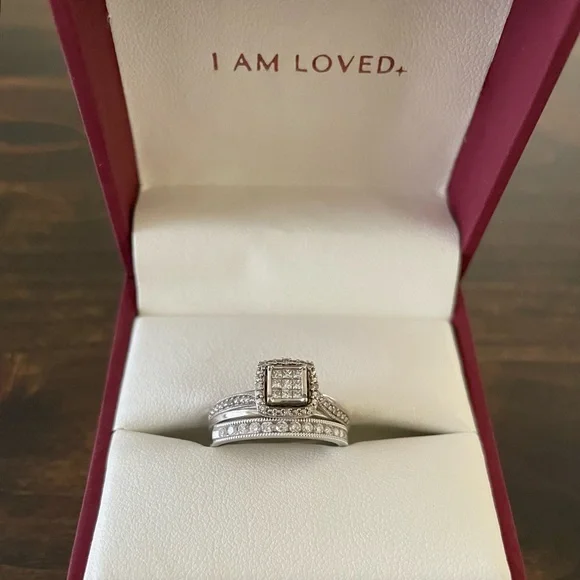 925 Sterling Silver & 14KT White Gold Diamond Engagement Ring & Wedding Band Set