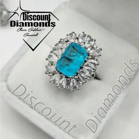Neon Blue Paraiba & Clear Zircon Cocktail Ring 18K White Gold on 925 Silver