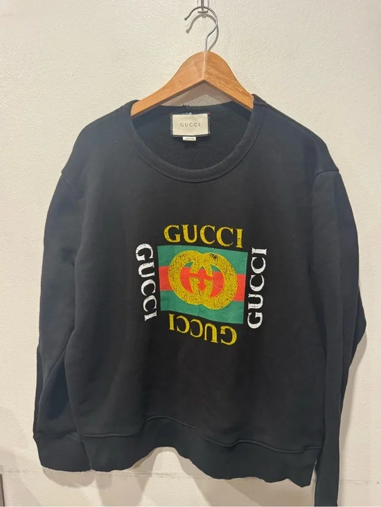 Authentic Gucci Crewneck Distressed Logo Black Sweatshirt Size XL