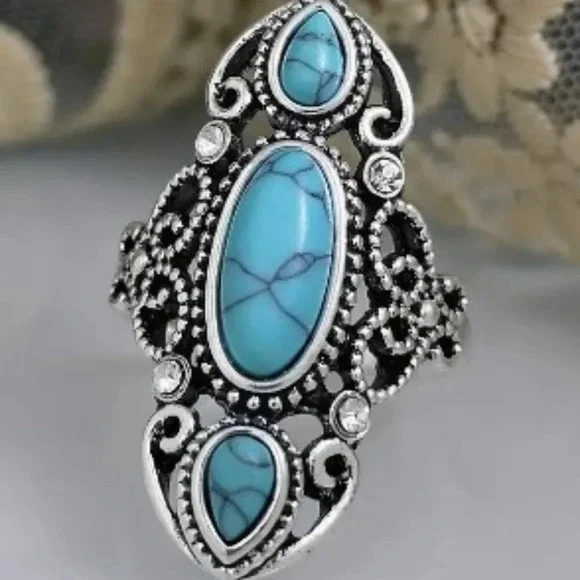 Bohemian Chic Retro Turquoise Statement Ring Hollow Carved Ethnic Style …