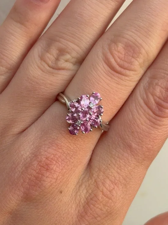 10k White Gold Diamond Pink Topaz Gemstone Cluster Cocktail Ring