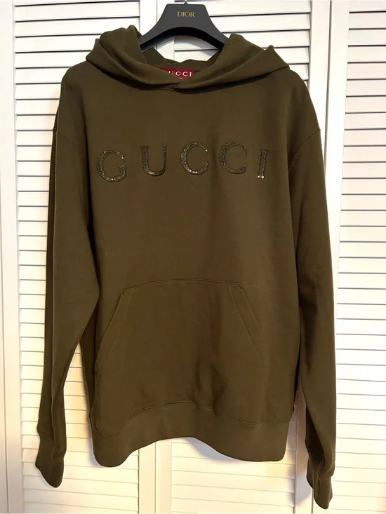 Gucci Men's Olive Green Logo Hoodie with Embellished Lettering