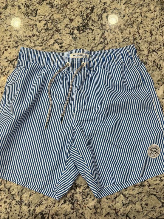 Striped Men’s Swim Trunks in Blue & White - Classic Beach Short