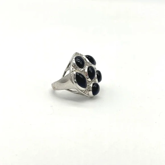 Sterling Silver Black Onyx Cluster Ring Size‎ 7.5 Statement Cocktail