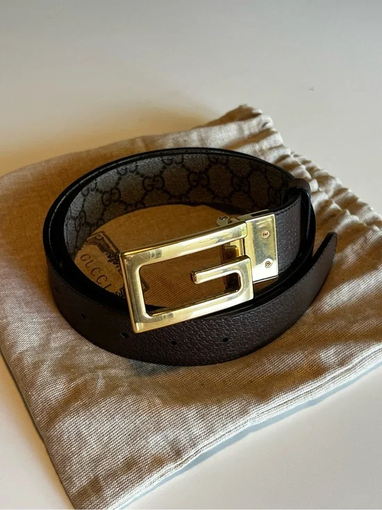 Gucci Reversible Leather Belt - Gold Square G Buckle (Brown and GG Canva)