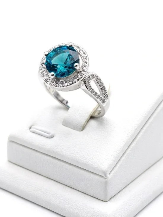 New S925 Sterling Silver Round Aqua Topaz & White Topaz Infinity Ring