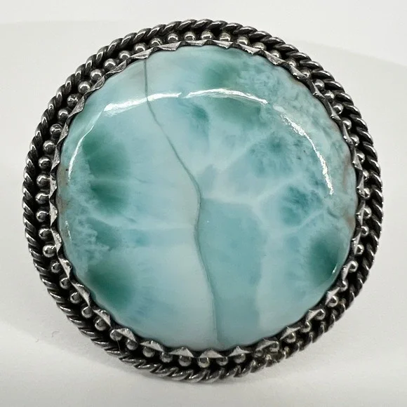 Artisan Larimar Ring Size 9 Blue 925 Sterling Silver Statement Cabochon 19.6g