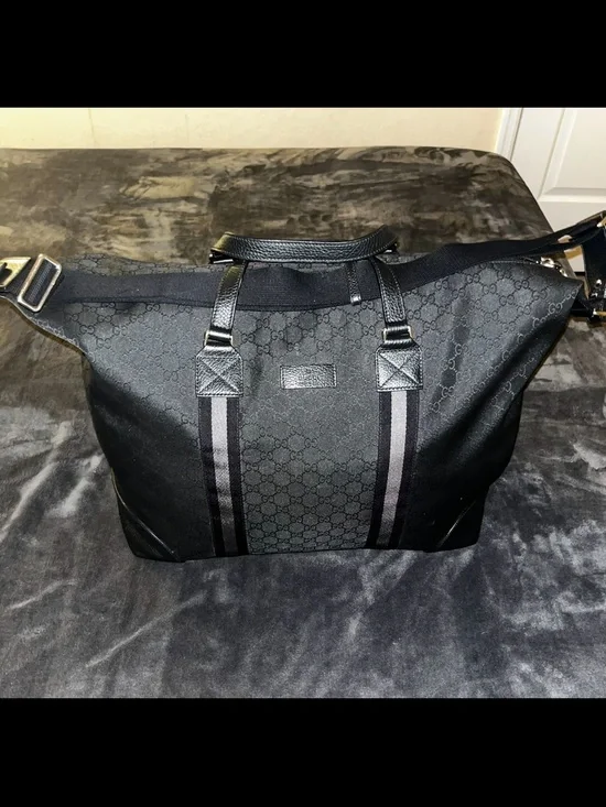 Gucci Black GG Canvas Duffel Bag with Web Stripes