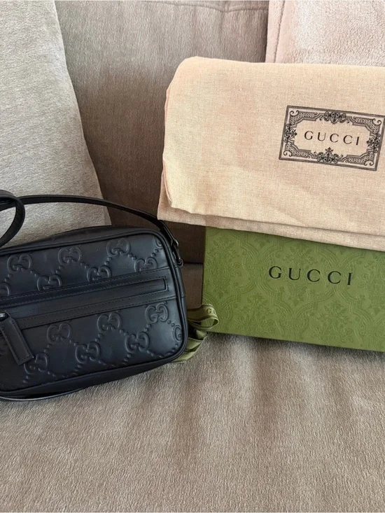 Gucci Black GG Embossed Leather Crossbody Bag