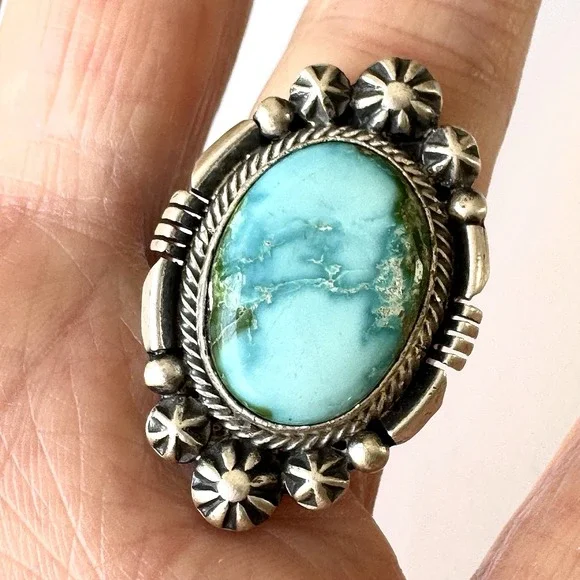 Navajo Turquoise Ring Sz 7 Sonoran Gold Sterling Benally‎ Native American Stars