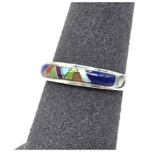 Multi-gemstone Inlay Ring Size 8 Signed 'Sterling SM' Unisex Sterling Silver 925