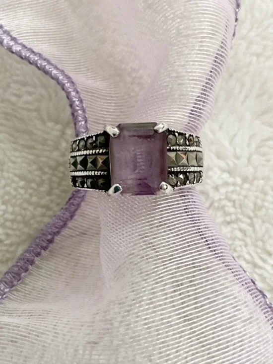 Vintage 925 Sterling Silver Amethyst Marcasite Ring Size 6 Art Deco Style