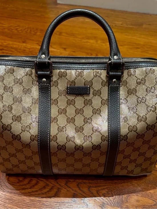 Gucci Brown Monogram Canvas Duffel with Dark Brown Leather Handles