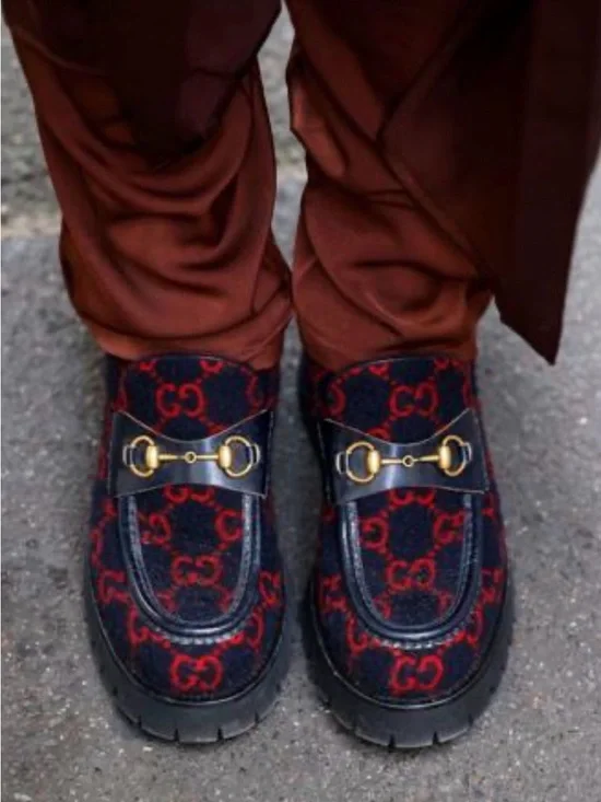 Gucci horsebit Navy & Red GG wool with black leather trim, Lug sole Boots/loafer