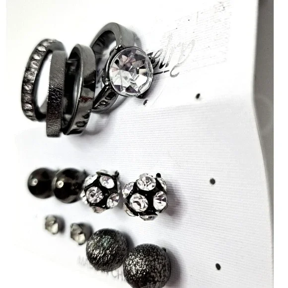 Rings Earrings Set Size 8‎ Gunmetal Rhinestone Studs Fashion Jewelry Gift New