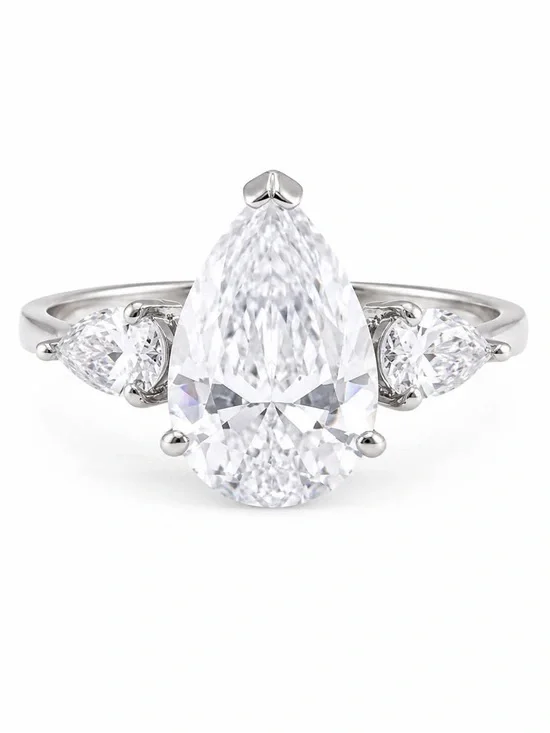 Pear-Shaped White Stone Three-Stone Ring in Silver Tone